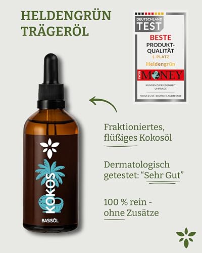 Heldengrün® Kokosöl flüssig [100% REIN] Dermatologisch getestet - Kokosnussöl für Haut & Haare - Fraktioniertes Kokosöl für Ätherische Öle - Inklusive Pipette & Pump - Fractionated Coconut Oil