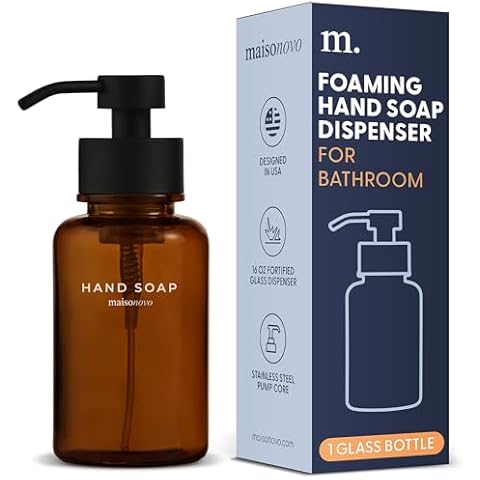 MaisoNovo Glass Foaming Hand Soap Dispenser 14 Oz | Amber Foaming Soap Dispenser Black Pump x 1 w/Labels Cover