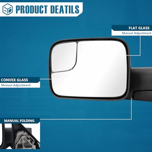 PZ TOWING MIRROR Left & Right Pair Set For 1994-2002 RAM 1500 2500 3500, MANUAL, With Convex Len, Without HEATED, Without SIGNAL, Driver Passenger LH RH - Thumbnail 3