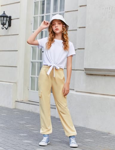 Image of Arshiner Girls 2 Piece Outfits Short Sleeve Tie Knot Front Tee Tops and Cargo Jogger Pants Set Kids Clothing Sets