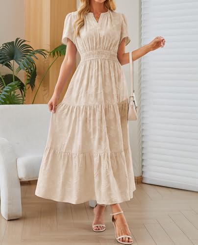 Image of Women's Maxi Dresses Boho Burnout V Neck Short Puff Sleeve Smocked Empire Waist Long Wedding Guest Semi Formal Dress Pockets