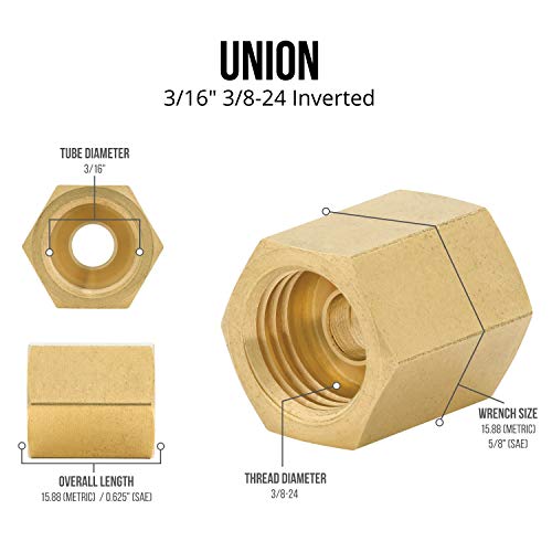 4Lifetimelines Brass Brake Line Union - 3/16, 3/8-24 Sae Inverted, 10 Per Bag #TOP4