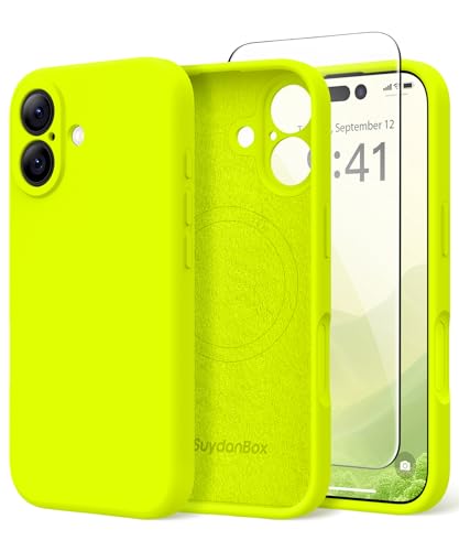 Image of Magnetic for iPhone 16 Case, Compatible with MagSafe, [Screen Protector + Full Camera Protection], Silicone Shockproof Anti-Scratch Protective Phone Case for iPhone 16 6.1 inch,Fluorescent Green