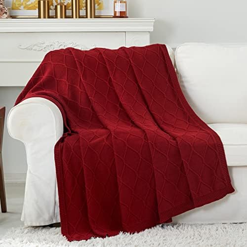 Longhui bedding 100% Cotton Burgundy Cable Knit Throw Blanket with Bonus Laundering Bag – Large 60 x 80 Inch Thick, Extra Cozy, Machine Washable, Home Decor, 3.5LB