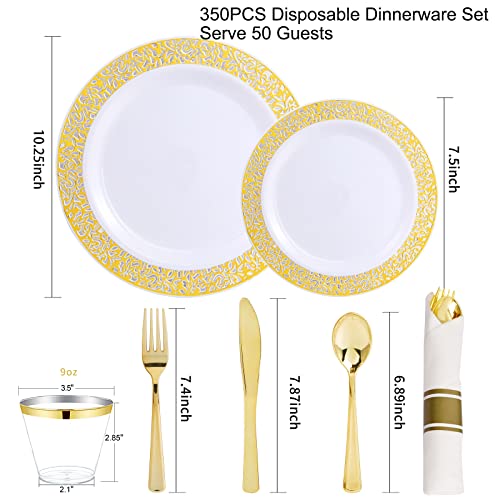 WELLIFE 50 Guests Dinnerware Sets, Gold Plastic Plates，Platos Para Fiestas Elegantes Desechables Include:50 Dinner Plates, 50 Dessert Plate, 150 Pcs Gold Plastic Silverware, 50 Cups for Party - Thumbnail 2