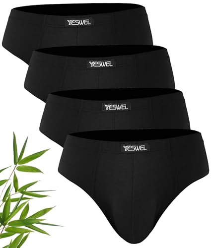 YESWEL Mens Bamboo Underwear Pack of 4, Anti Chafing Mens Briefs, Soft Mid Waist Pants with No Fly, No Itchy Labels Underpants (4x Black, L)