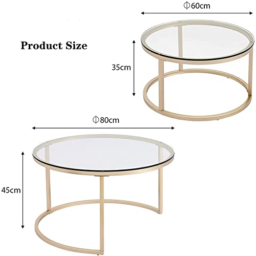 DEYARNA HOME Juego de 2 Mesas Nido de Café Doradas, Mesas Nido de Cristal para Salón, Dormitorio, Mesa Auxiliar Moderna con Cristal Templado Transparente (Vidrio/Oro, 80cm+60cm) - imagen 2