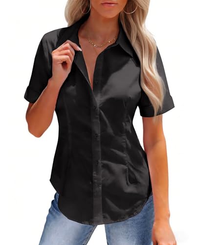 siliteelon Black Button Up Shirt Womens Stain-Resistant Button Down Shirt Short Sleeve Collared Easy Care Business Casual Tops Waitress Blouse