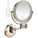 ZJBB Kosmetikspiegel mit Beleuchtung Wandmontage 10X Vergrößerung, Schminkspiegel Beleuchtet Doppelseitig Make Up Spiegel Wandspiegel Rasierspiegel Aus Kristallglas und Messing - GoldUSB Rechargeable