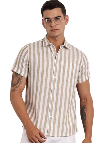 Image of Thomas Scott Men's | Stripes | Half Sleeve | Slim Fit | Linen Blend | Spread Collar | Casual Shirt