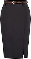 Kate Kasin Women's Bodycon Pencil Skirt with Belt - Stretchy Knee Length Office Professional Hip-Wrapped Skirt