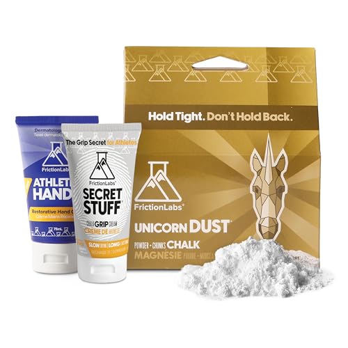 Friction Labs Grip & Recovery Bundle – Secret Stuff Alcohol-Free Liquid Chalk, Unicorn Dust Loose Chalk (2.5oz) & Athletic Hands Cream – Long-Lasting Grip & Skin Repair for Climbing, Lifting