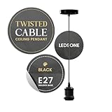 LEDSone Vintage Matt Black Pendant Light Fitting E27 – 1m Twisted Braided Cable Ceiling Lamp Holder Industrial Hanging Light Kit