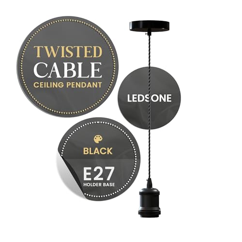 LEDSone Vintage Matt Black E27 Pendant Light Fitting with 1m Twisted Braided Cable – Ceiling Lamp Holder for Kitchen Bar Loft