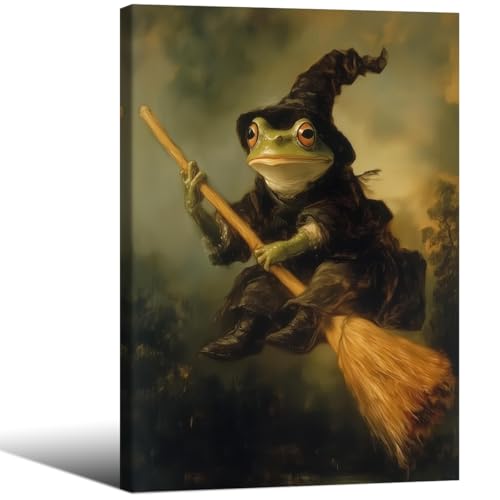 Frog Witch Riding Broom Wall Art Whimsical Halloween Print Dark
