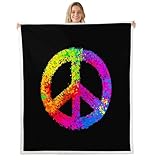 Picture of Feelyou Hippie Peace Art Sherpa Blanket Peace Sign Artwork for Couch Travel Sofa Colorful Tie Dye Fleece Rainbow Fuzzy Room Decor Plush Throw Blanket Twin 60"x80"