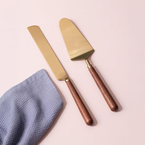 Image of nestroots Golden Finish Stainless Steel Cake Server Set of 2 | Knife & Server (9-Inch Each) with Wooden Handle | Ideal for Cake Cutting, Dessert Serving & Parties | Elegant & Durable Design