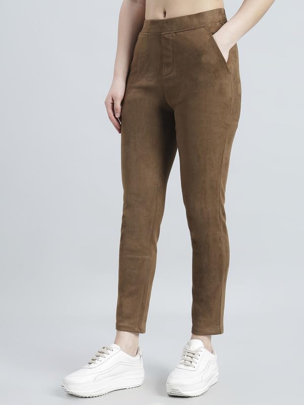 Image of GO COLORS Women Solid Mid Rise Suede Treggings