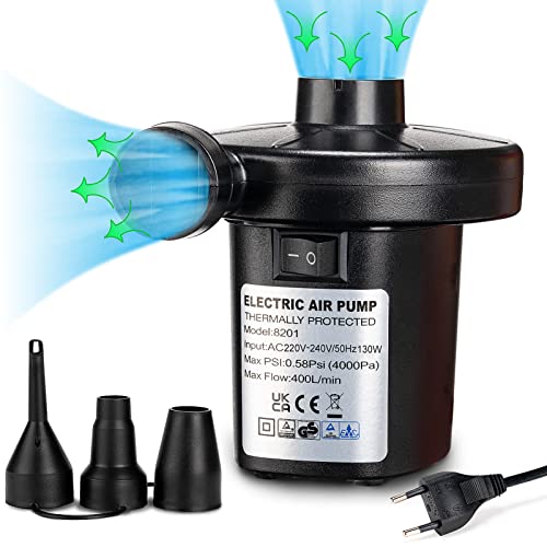 Olujaa Elektrische Luftpumpe, Air Luftpumpe für luftmatratze, Inflator & Deflator 2 in 1 Elektrische Pump 130W mit 3 düse für Luftmatratze Pool, aufblasbare Matratze, Sofa, Schlauchboote, Schwimmring Cover