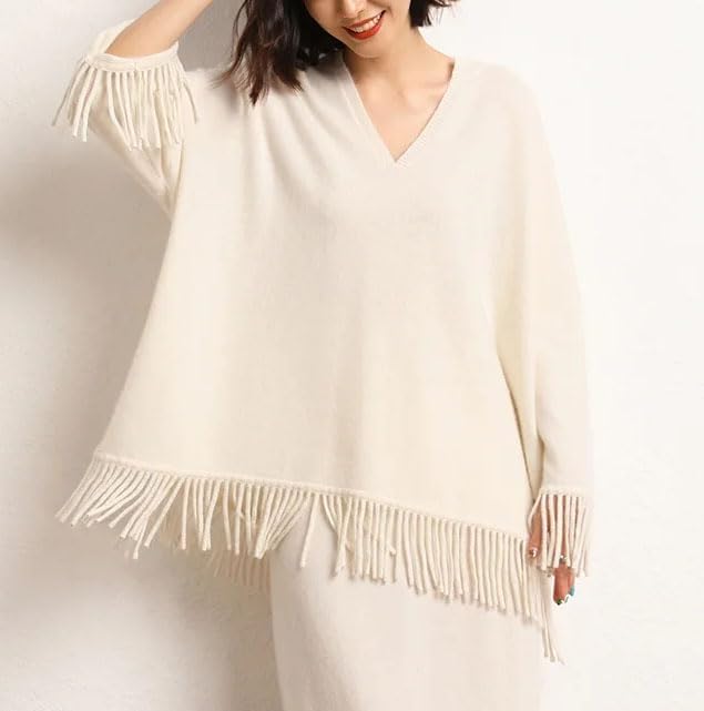 Women's Loose Large Size Sweaters Pullovers V-Neck Long Sleeve Tassel Soft Cashmere Jumper