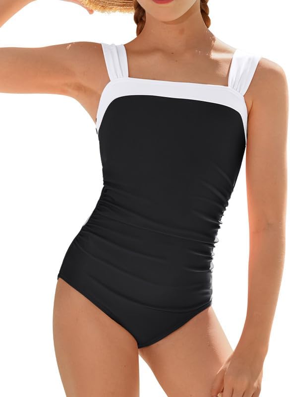 beautyin Girls Swimsuit One Piece Bathing Suits Retro Square Neck Ruched Adjustable Strap Swimwear 7-16Y