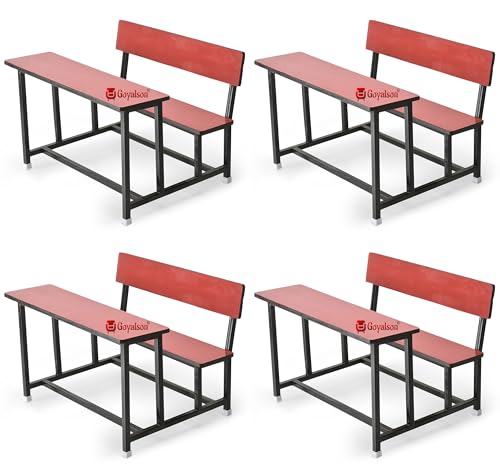 Image of GOYALSON School Home Tution College Bench Duel Desk Student Bench Cum Duel Desk Strong and Sturdy Metal Standard Structure with Wooden Top (4, Red, Small Students with Back)