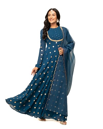Image of FIORRA Women's Fit and Flare Floor Length Georgette Printed Gown with Dupatta