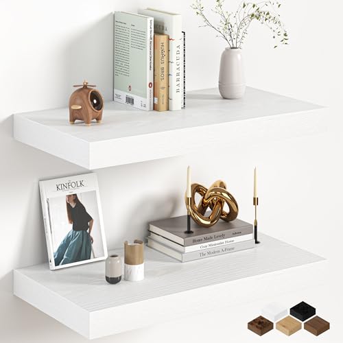 Image of Fun Memories 12 Inch Deep White Floating Shelf, 24 x 12 Rustic Wood Wall Shelf for Books, 2 inch Thick Deep Floating Shelf for Storage & Display in Kitchen, Living Room, Bedroom, 2 Packs