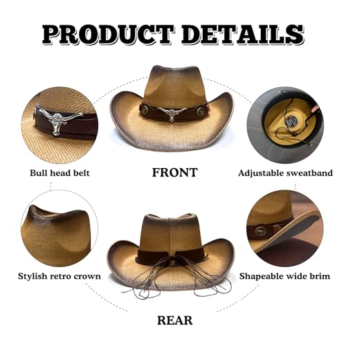 Image of Cowboy Hats for Women, Brown Cowgirl Hats Classic Straw Western Hats for Women Music Festival Party Beach.