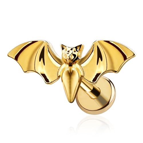 FINE4U Helix Piercing Jewelry Gold 16G 6mm 8mm - ASTM F136 Titanium Bat Cartilage Earring Flat Back Stud Hypoallergenic Body Jewelry for Gift Idea