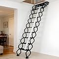 10 ft Wall-Mounted Folding Ladder, Pull Down Attic Ladder with Armrests, 12-Step Loft Retractable Stairs, Suitable for Family Garages, Attics and Basements, Up to 660 Lbs (Black, 12 Steps)