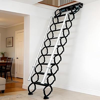 9 ft Wall-Mounted Folding Ladder, Pull Down Attic Ladder with Armrests, 11-Step Loft Retractable Stairs, Suitable for Family Garages, Attics and Basements, Up to 660 Lbs (Black, 11 Steps)