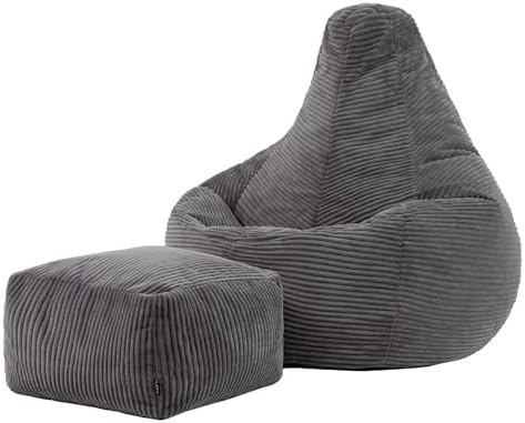 Icon Dalton Sitzsack Cord und Hocker mit Füllung, Grau | In Deutschland Hergestellt, Sitzsack Erwachsene, Weicher Cordstoff, Gaming Sitzsack für Wohnzimmer und Schlafzimmer