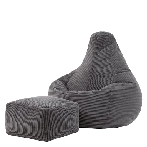 icon Dalton Cord Recliner Bean Bag with Footstool, Charcoal Grey, Large Adult Bean Bag Chair with Filling Included, Comfy Chair, Living Room Furniture, Bedroom Furniture