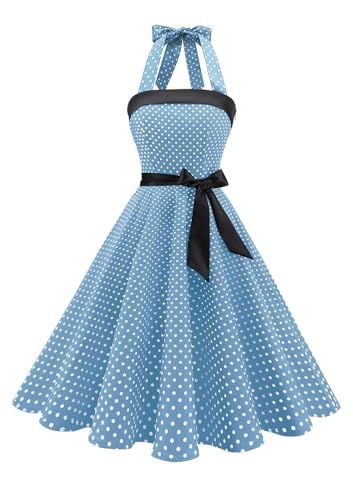Timormode Damen Vintage Cocktailkleid Knielang Neckholder Swing Retro Rockabilly Kleid Klein Hellblau Weiß XS
