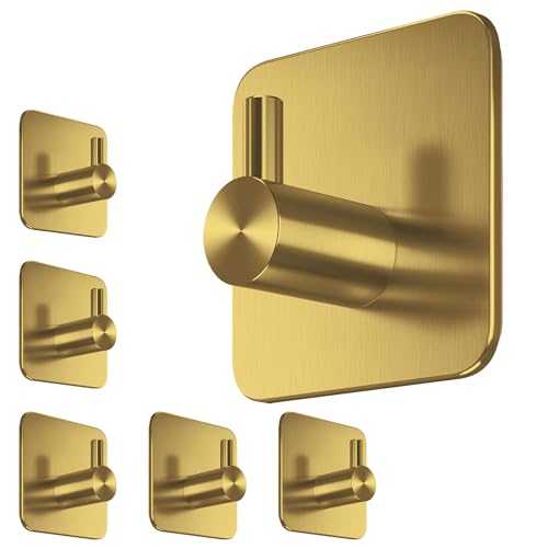 Menz Porte-serviettes sans perçage, 6 pièces, doré - Porte-serviettes en acier inoxydable pour salle de bain, crochets adhésifs résistants à l'eau, crochets autocollants durables pour la salle de bain