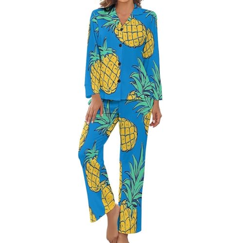 Vetement de nuit femme ensemble deux pièces doux au motif ananas hawaïen