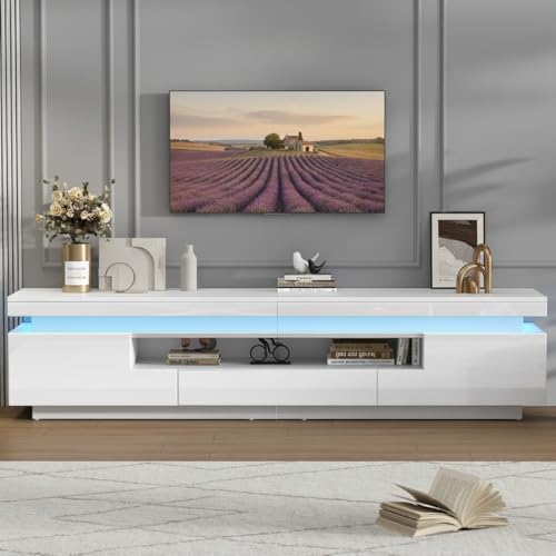 Yihomfy Meuble TV Blanc Laqué avec LED 16 Couleurs, 3 Tiroirs, 160 cm, pour Téléviseur Jusqu'à 70 Pouces, Design Moderne Élégant