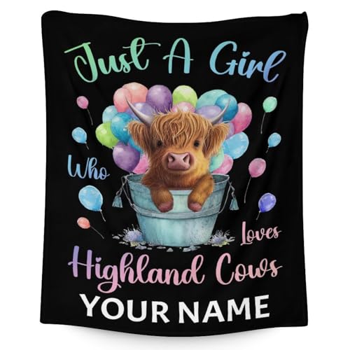 Personalized Highland Cow Blanket Gifts with Name - 30x40 Inches Cute Throw Blanket for Girls - Colorful Soft Fuzzy Blankets for Couch & Office