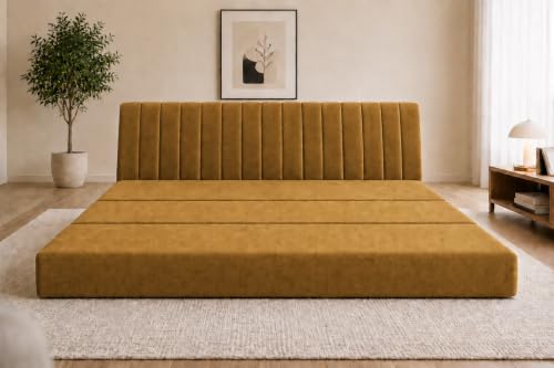 Image of Three Seater Sofa Bed, Velvet Fabric Foldable Sofa Cum Bed with Soft Foam Cushioning, Convertible Floor Couch for Living Room, Guest Room & Home Use (Golden, Pre-Assembled)