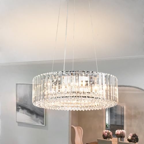 OYIPRO Crystal Chandelier Modern Chrome Pendant Light 6-Light Semi Flush Mount Ceiling Light Round Crystal Hanging Lighting for Kitchen Island Entryway Hallway Dining Room D19.7’’ E14 Sockets