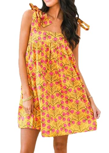 Image of Women Floral Tie Shoulder Mini Dress Cute Square Neck Loose Fit Beach Short Dress Backless Boho Vocation Sundress