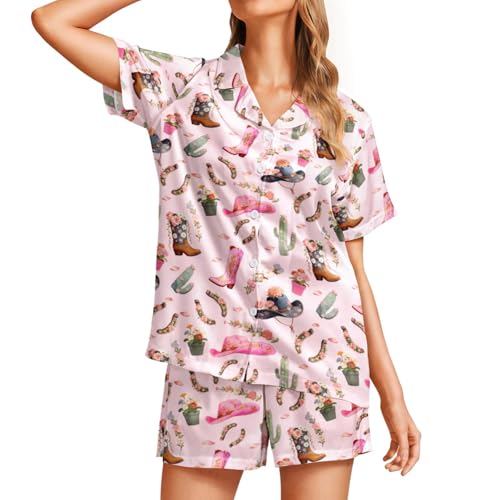 Image of Funny Pajamas for Women Set Print Satin Loungewear Pjs Short Sleeve Button Down Top and Shorts Sets Sleepwear XS-3XL