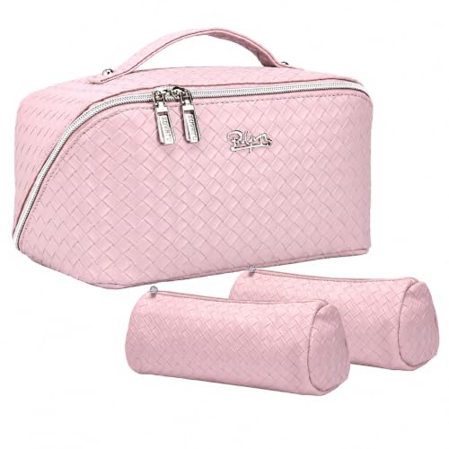 BOYATU Travel Makeup Bags for Women: Large Cosmetic Bag Waterproof - Vegan Leather Make up Bags Set of 3 - Portable Toiletry Organizer (L09 Violet)