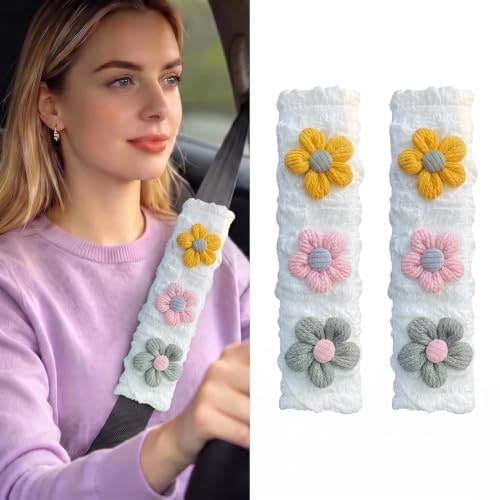 Image of Cute Pink Flower Seat Belt Cover Pads for Women Girls - Soft Plush Seatbelt Cushion, Fun Car Accessories (2, Woolen Flower White Seersucker Pad)