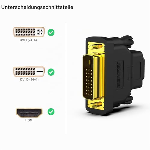 BENFEI DVI-D DVI zu HDMI Adapter, DVI zu HDMI Bidirektionaler Stecker zu Buchse, Konverter mit vergoldetem Kabel, 2er Packung