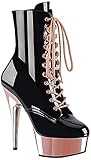 lack stiefeletten Textil Pleaser DELIGHT-1020 Damen Plateau Stiefelette, Lack Schwarz/Rose Gold, EU 38 (US 8)