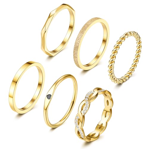 JeryWe 6PCS 14K Gold Filled Stainless Steel Stacking Rings Set for Women Minimalist Fashion Dainty Plain Thin Knuckle Stacking Midi Thumb Rings Stackable Statement Thin Band Knuckle Rings Set Size 6