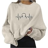 Yowablo - Sudadera informal de manga larga con cuello redondo para mujer con estampado de corazón suelto Top Suéteres para mujer caro, A-beige., L