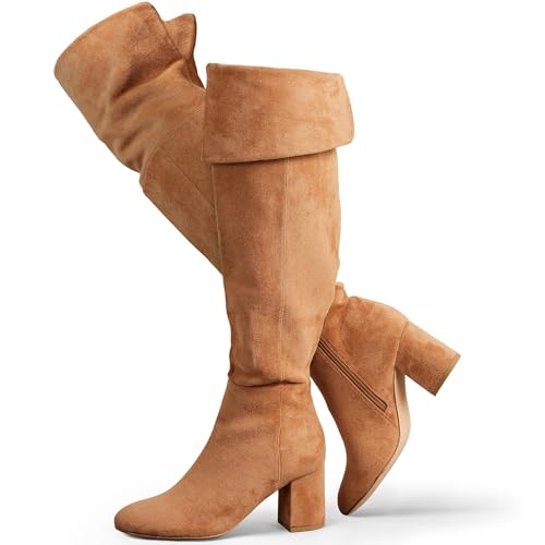 Putu Women's Thigh High Boots Block Heel Boots Over the Knee Faux Suede Tall Boots